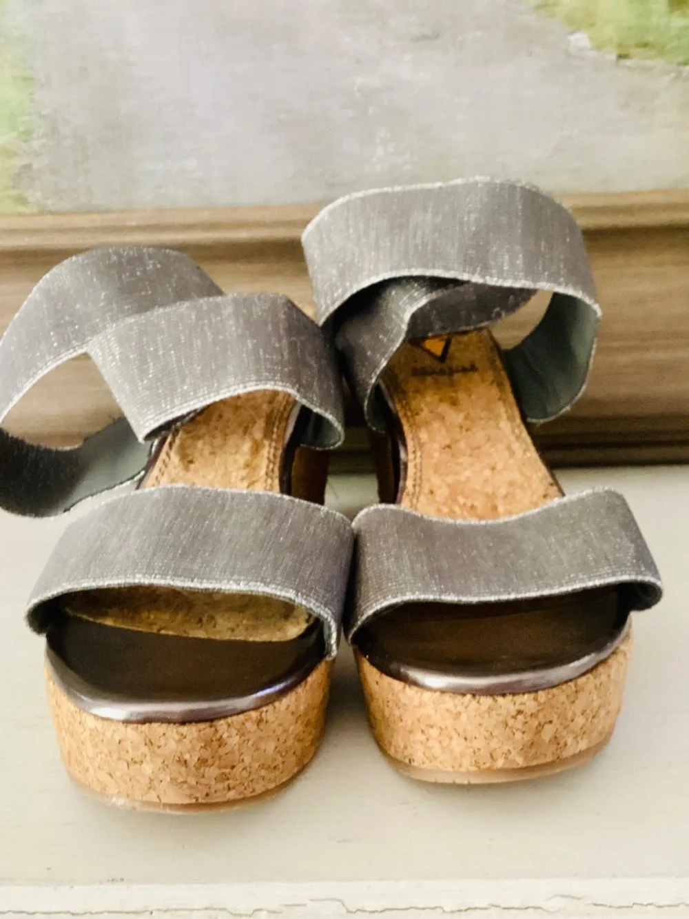 Volatile Silver Elastic Ankle Strap Wedge Cork Platforms Women’s Size 8 Stretch